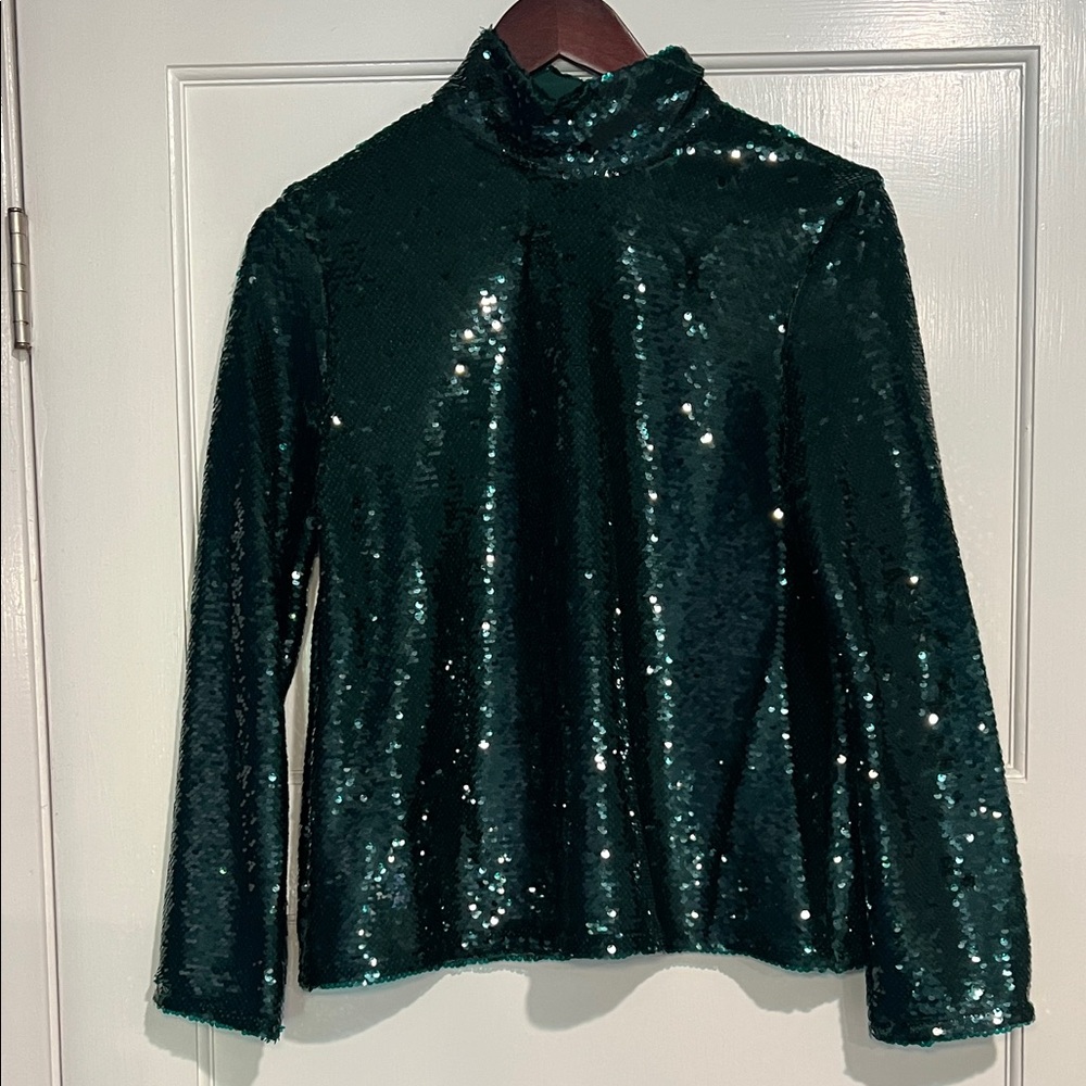 Zara Dark Green Sequin Turtleneck Blouse